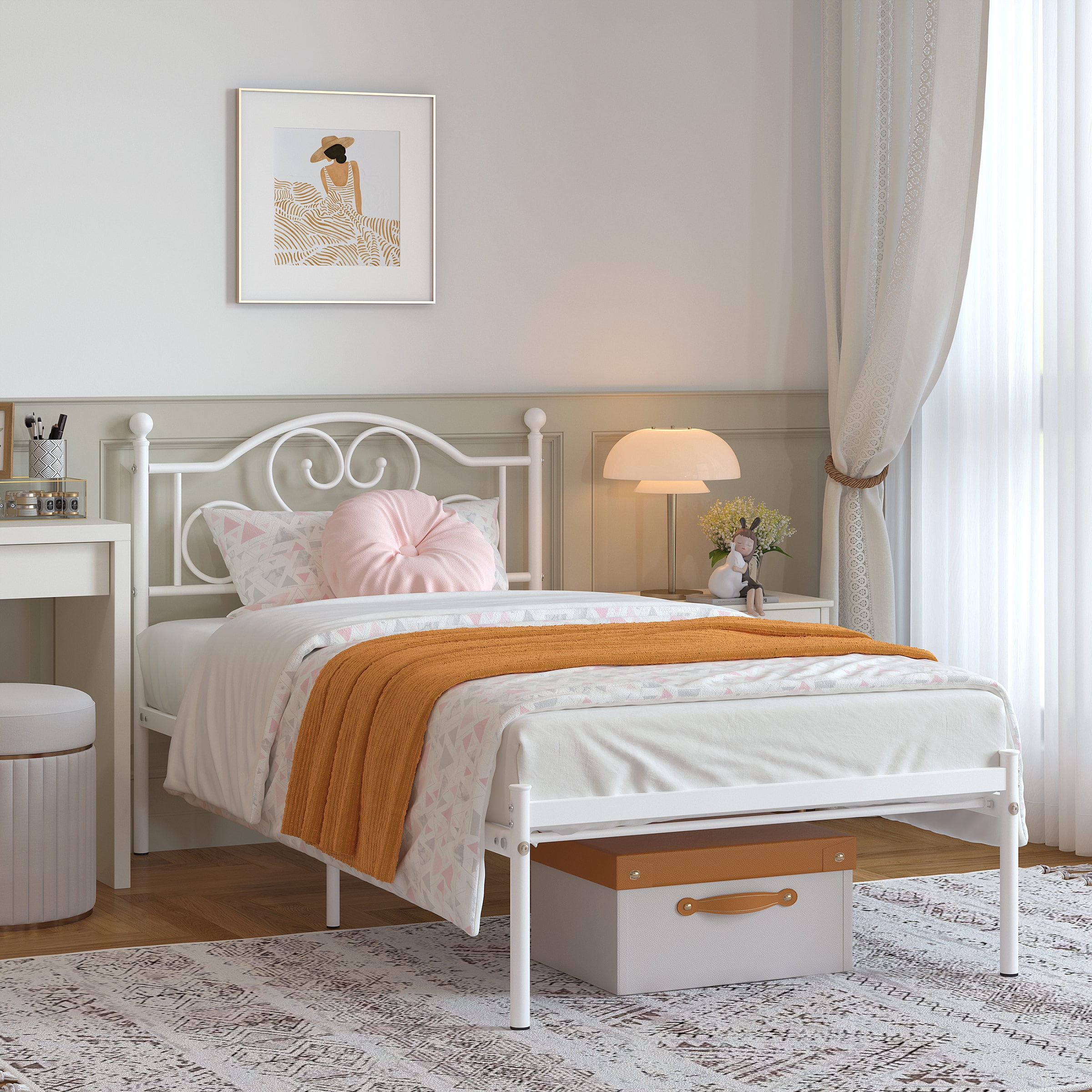 Yoneston 12 Twin Heavy Duty Metal Platform Bed Frame with Love Heart Shape Headboard for Girls Bedroom Furniture White Walmart
