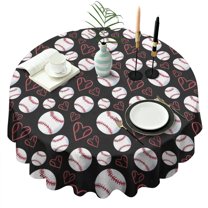 Black Baseballs and Hearts Pattern Round Tablecloth 60"x60",Wrinkle Wipeable Table Cloth for Kitchen Dining Room Picnic Patio Party