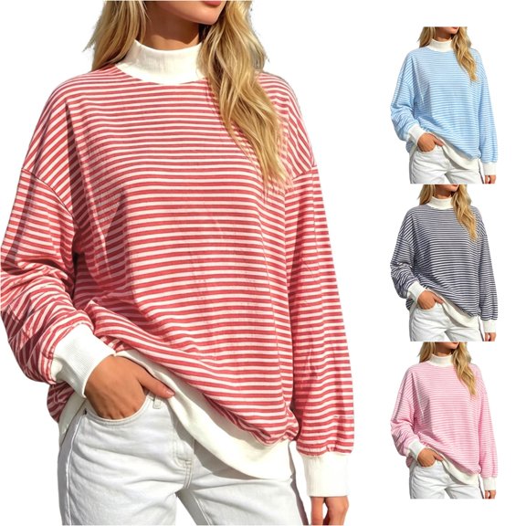 Jane Wardrobe Striped Neck Sweatshirt Women's Color Block Rib Long Sleeve Oversized Casual Layering Top 1PC S-XL Plus Size Friendly