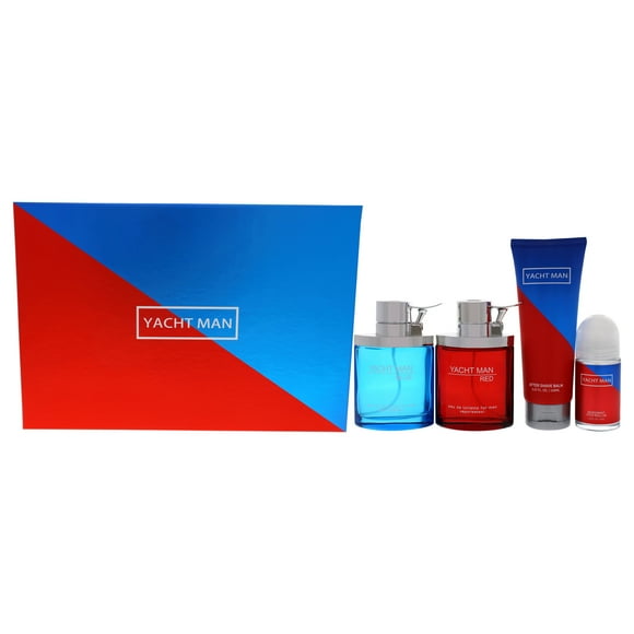 Myrurgia EDT en spray rojo de 3.4 oz, EDT en spray azul de 3.4 oz, bálsamo para después del afeitado de 5.07 oz, desodorante en barra de 1.69 oz Yacht Man Azul y Yacht Man Rojo 3 Pc Gift Set Myrurgia Myrurgia Myrurgia EDT - 3 Pc Gift Set