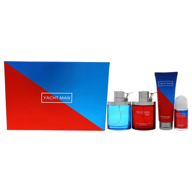 Myrurgia EDT en spray rojo de 3.4 oz, EDT en spray azul de 3.4 oz, bálsamo para después del afeitado de 5.07 oz, desodorante en barra de 1.69 oz Yacht Man Azul y Yacht Man Rojo 3 Pc Gift Set Myrurgia Myrurgia Myrurgia EDT - 3 Pc Gift Set