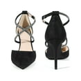 thumbnail image 4 of BLISSFUL STEP Pointy Toe Crisscross Rhinestone Ankle Strap Stiletto Heel Pumps for Women Black 6, 4 of 8