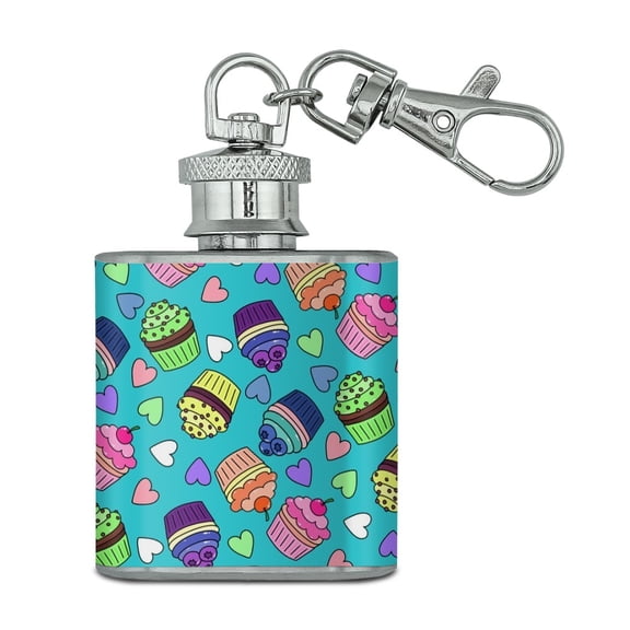 Colorful Cupcakes Pattern Stainless Steel 1oz Mini Flask Key Chain