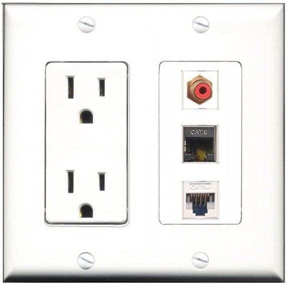 RiteAV - 15 Amp Power Outlet 1 Port RCA Red 1 Port Shielded Cat6 Ethernet Ethernet 1 Port Cat5e Ethernet White Decorative Wall Plate