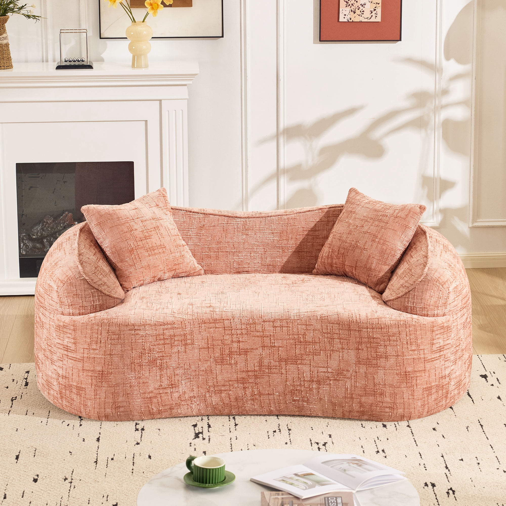 Leumius 66" 2 Seater Sofa Compress Sofa with Armrests & 2 Pillows,No Assembly Required,Compact Sofa Couch for Small Apartments,Living Room,Bedroom,Pink