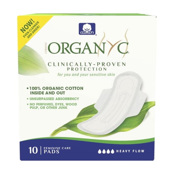 Organyc 100% Certified Organic Cotton Feminine Pads, Heavy Flow, 10 Count