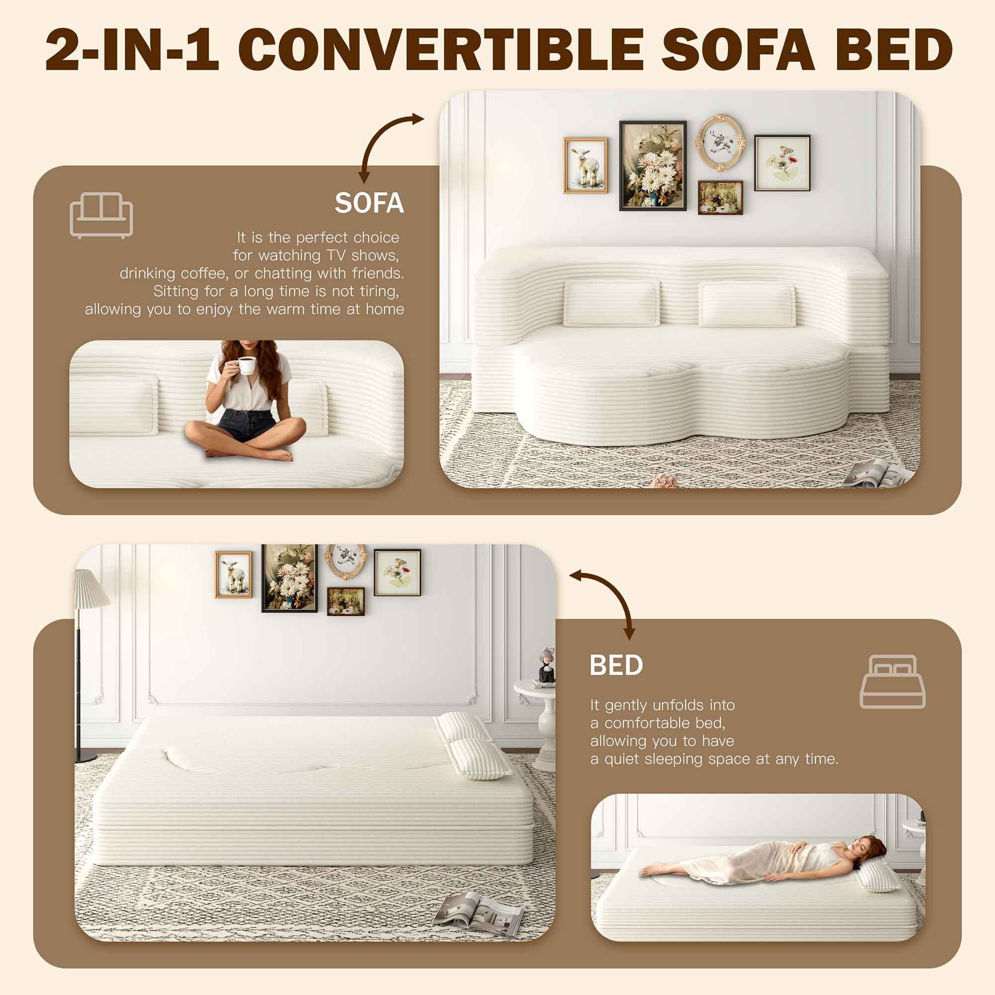 Lunale Full Size Convertible Sofa Bed, Boneless Cloud Couch, Folding Floor Sleeper Sofa for Living Room, Beige Corduroy