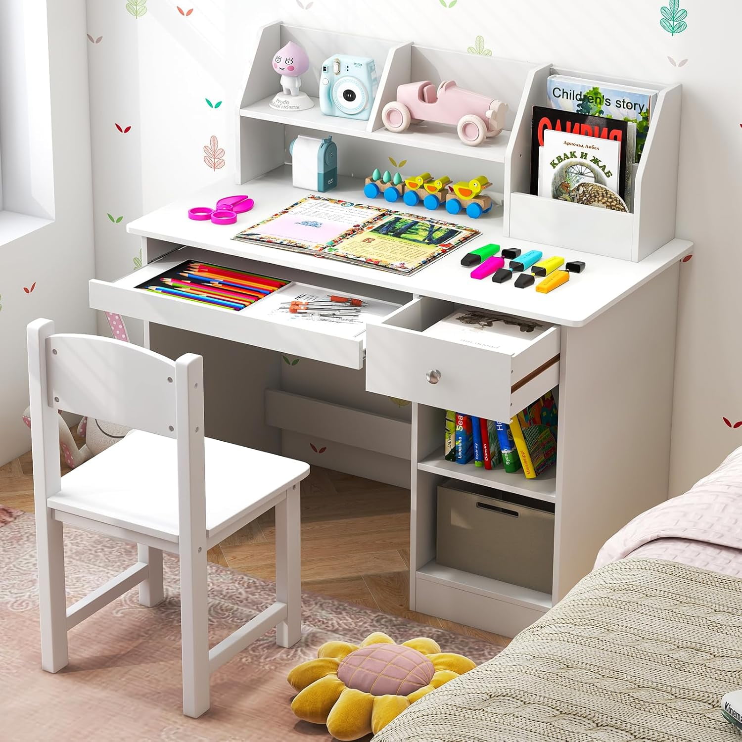 Kids Study Desk, Children Wooden Writing Table with Hutch, Bookshelf, Drawer, Keyboard Tray, Storage Shelves, White Student Computer Desk Workstation for Home School Use, Gift for Boys Girls