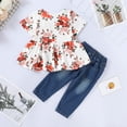 thumbnail image 3 of NZRVAWS 12 Months Infant Baby Girl Outfit Set Short Sleeve Floral Print Ruffle Top and Ripped Denim Pants 18 Months Baby Girl Clothes, 3 of 6