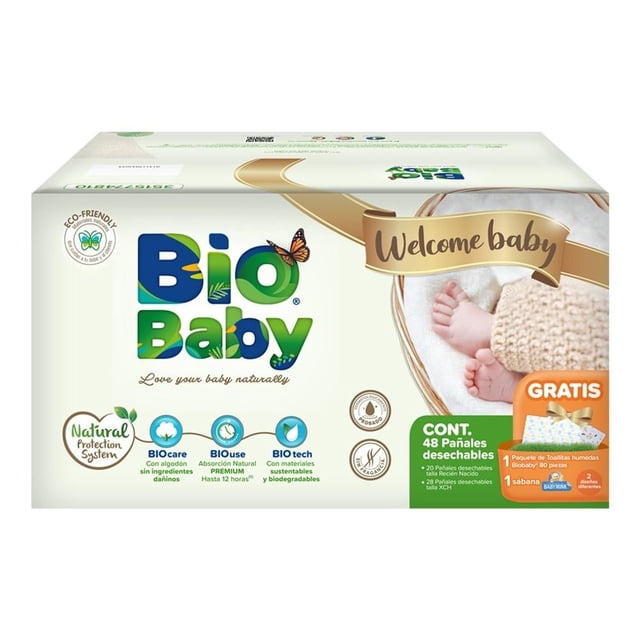 Pañal Desechable Bio Baby Talla RN 20 pzs, Talla 1 28pzs + 1 Paquete de toallitas + 1 Sabana