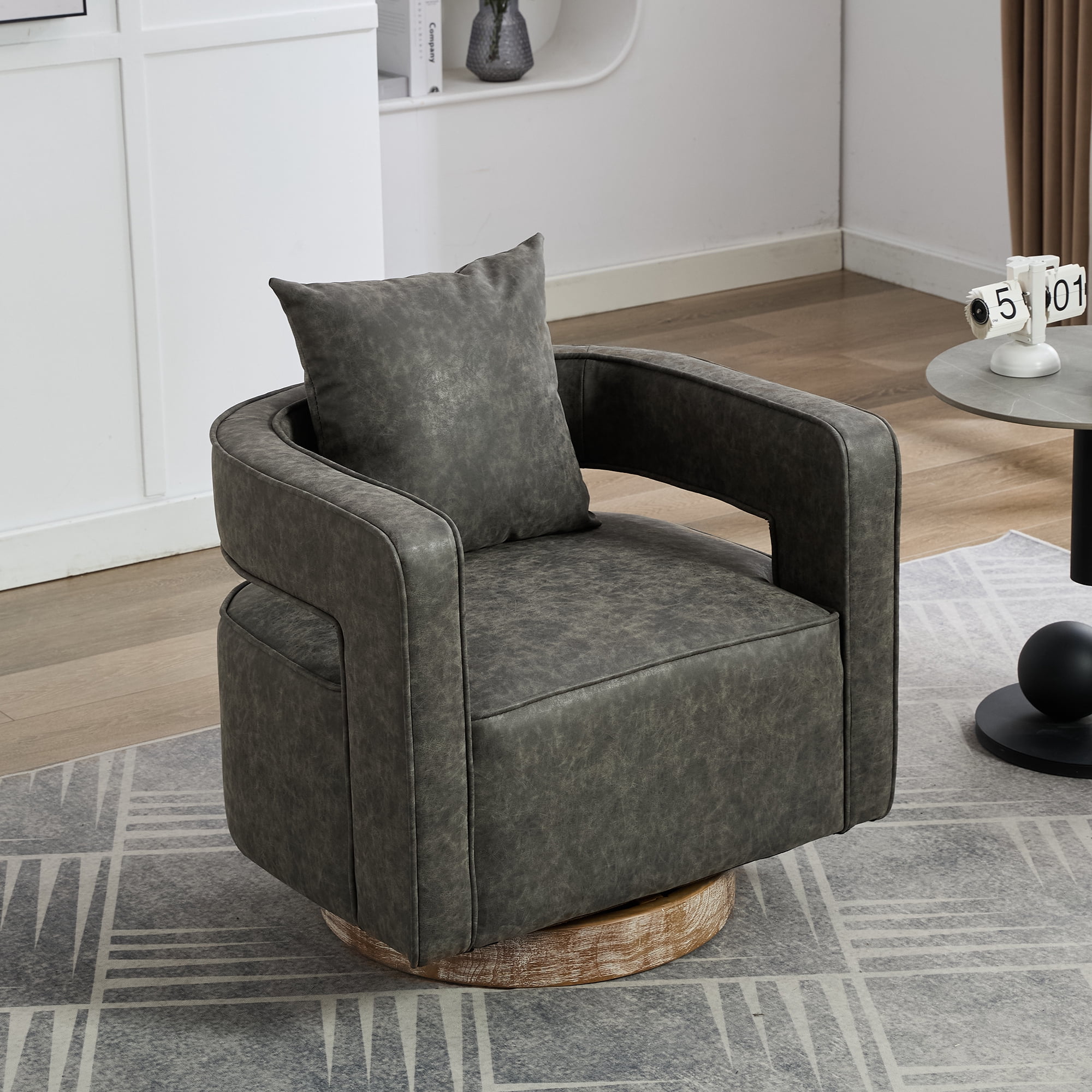 Leumius Swivel Accent Chair with Open Back,Modern Single Sofa Chair With Weathered Base for Nursery Bedroom Living Room Hotel Office, Club Chair Leisure Arm Chair for Lounge,Gray PU