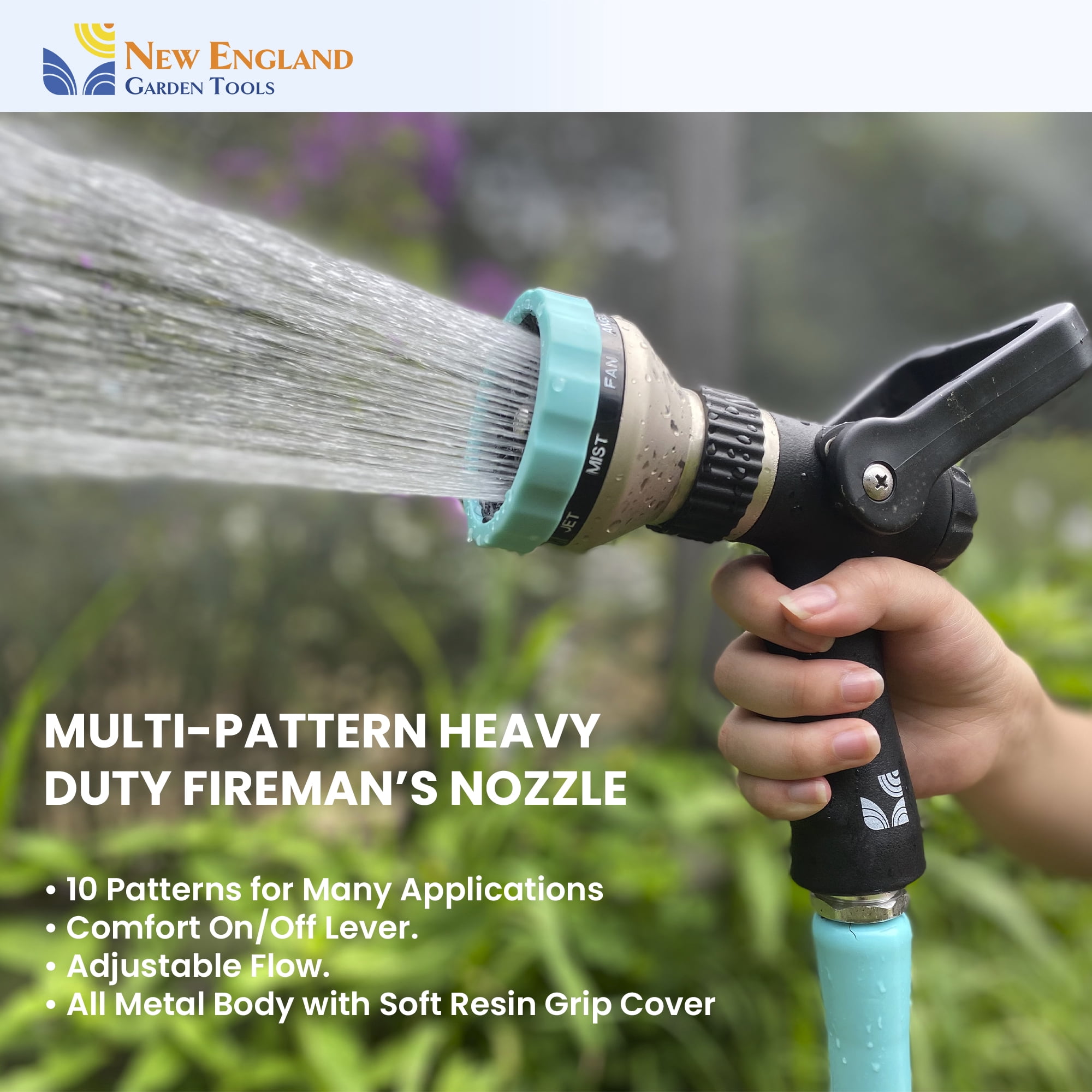 Heavy Duty Metal 10 Pattern Fireman’s Hose Nozzle 500003 with Lever Control and Comfort Grip by New England Garden Tools for Cleaning, Watering Plants & Yards, Washing Cars & Livestock