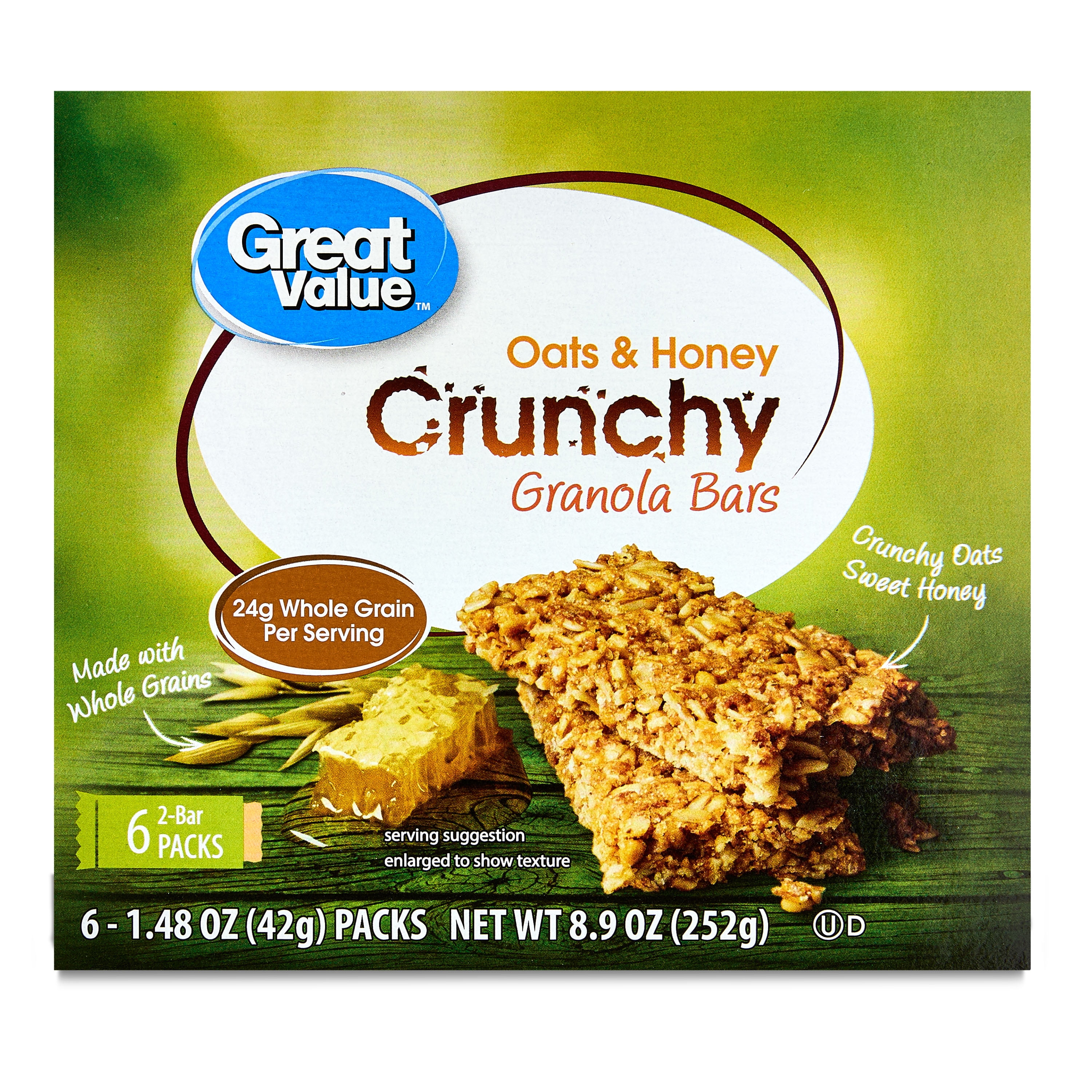 (4 pack) Great Value Oats & Honey Crunchy Granola 2-Bar Packs, 1.4 oz, 6 Packs