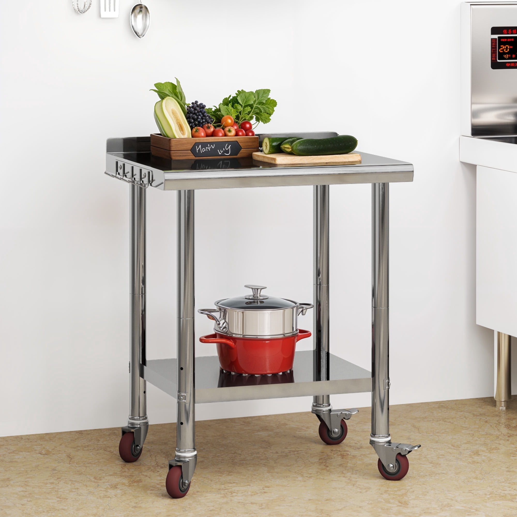 ModFusion 30" Stainless Steel Table with Hooks, Backsplash, Wheels, Adjustable Rack Shelves, Heavy-Duty Metal 840 lbs Capacity, Commercial Kitchens Workshops
