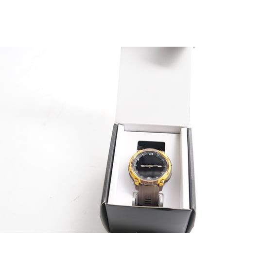 Pre-Owned Garmin Instinct Crossover AMOLED, Rugged Hybrid GPS Smartwatch with Analog Watch Hands and Bright AMOLED Display, Bronze/Sunburst with Cocoa Silicone Band