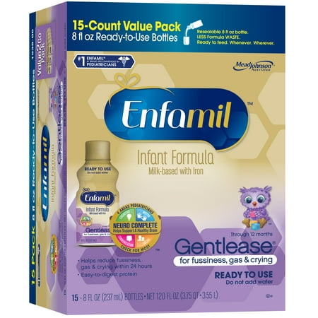 Enfamil Gentlease Baby Formula, 8 fl oz Ready to Use Bottles (Pack of 15), Milk-Based Formula, for Fussiness, Gas, and