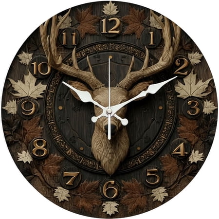SBEMP10 Inch Silent Wall Clock, Deer Head Maple Leaf Relief Decorative Wall Clock, Battery Operated Non-Ticking Round Clock for Living Room Bedroom Hunting Home Decor