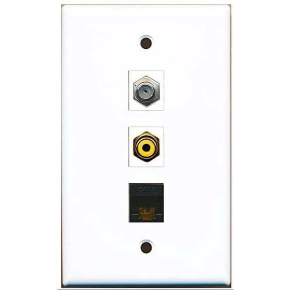RiteAV - 1 Port RCA Yellow and 1 Port Coax Cable TV- F-Type and 1 Port Cat6 Ethernet Black Wall Plate