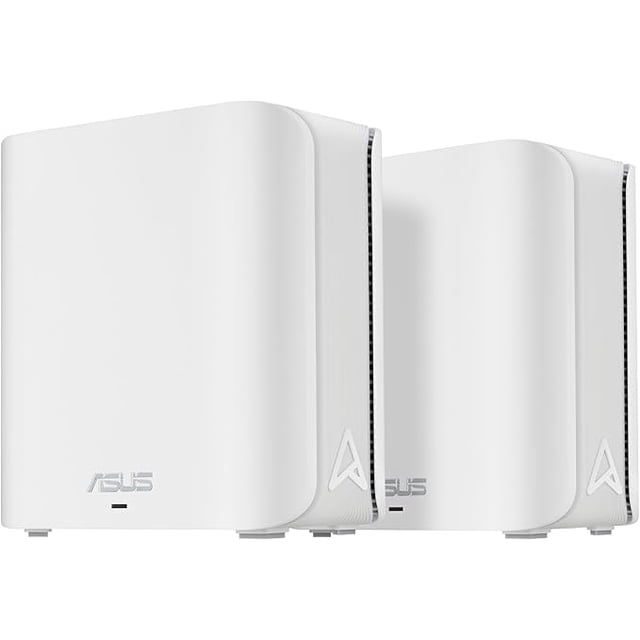 router asus zen bd4 (2 pack) wifi dual band be3600 Negro, par de routers en torre vista 3/4 frontal con superficies curvas y logotipo ASUS en la base; luces LED frontales y borde lateral texturizado visibles, preparado para WiFi 7 y conexión en malla AiMesh para cobertura doméstica.