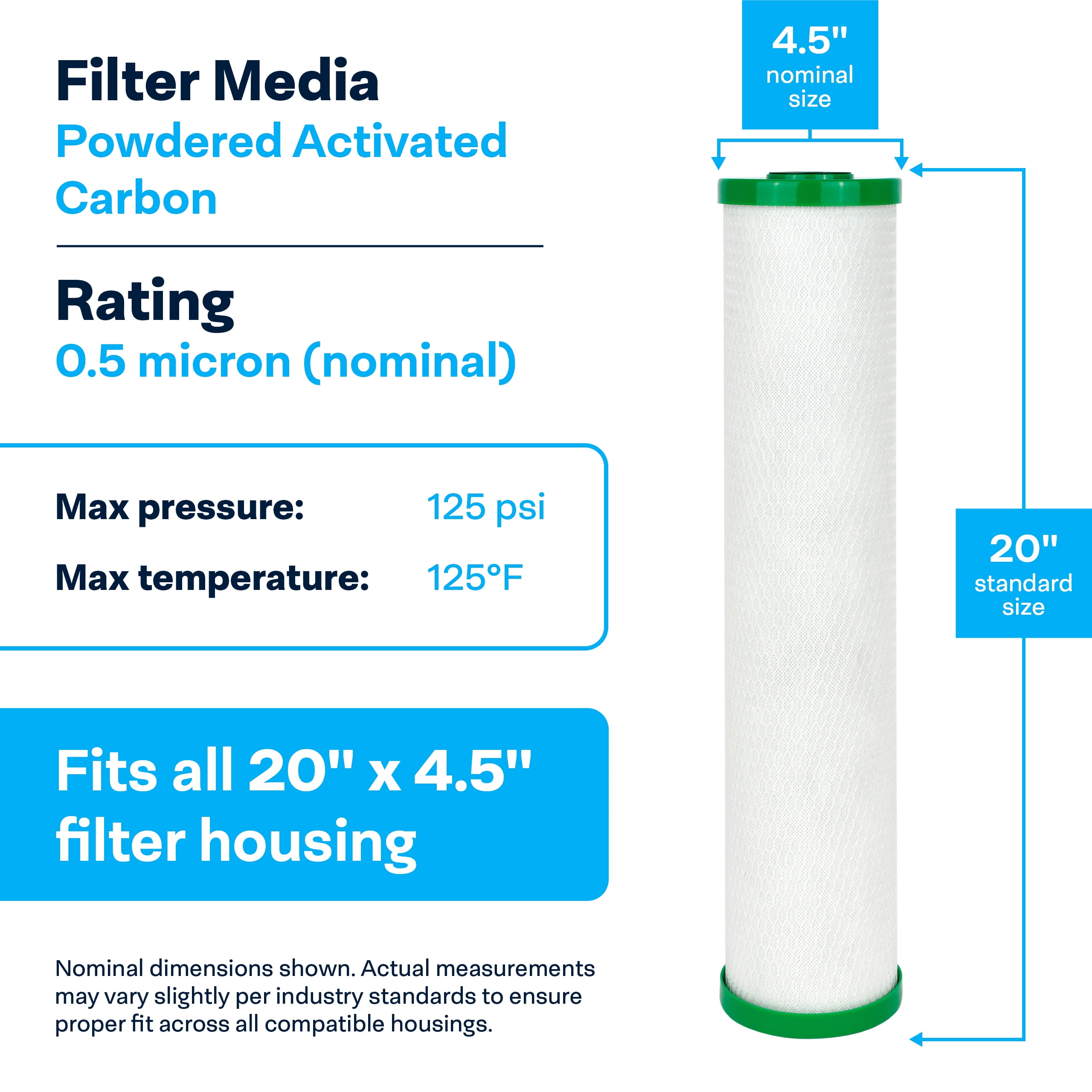 SpiroPure SP-CBR2-20BB 20x4.5 0.5 Micron NSF Certified Coconut Shell Carbon Block Water Filter Cartridge CBC20-BB 155312-43 SMCB-4520 (Case of 4)