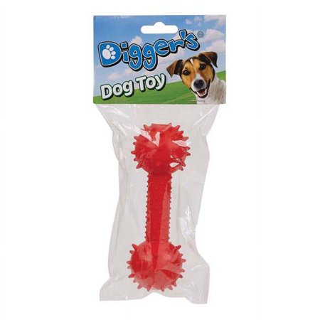 UPC: 0721343058915 | Diggers 8360919 6 in. Rubber Spiked TPR Dumbbell with Bell Dog Toy  Red – Medium