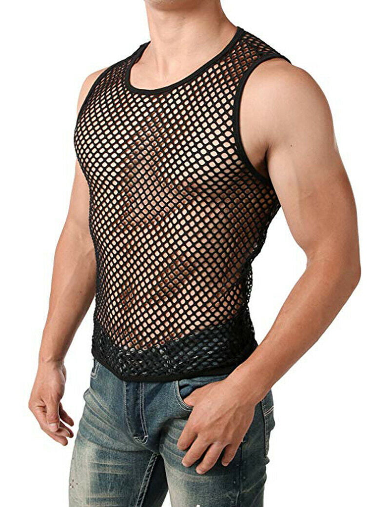 Men Mesh Top Shirt Slim Fit Fitness Muscle T-shirt Fishnet Sheer Blouse 