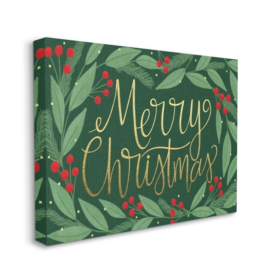 Stupell Industries Merry Christmas Festive Sentiment Chic Holiday Holly Botanical & Floral Painting Gallery Wrapped Canvas Print Wall Art, 16 x 20
