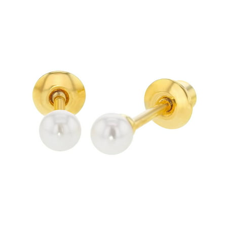 18k Gold Plated White Simulated Pearl Baby Earrings Screw Back Girl Infant 3mm
