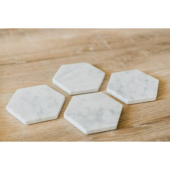 White Marble Hexagon Coasters – Handmade Stone Coaster Set for Kitchen, Living Room, Bar, Coffee Table (Set of 4)