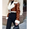 thumbnail image 4 of Womens Leather Jacket Faux Fur Moto Jacket Winter Trench Coat Cropped Shearling Jacket Light Coffee S, 4 of 9