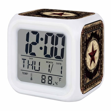 Western Stars Brown Digital Alarm Clock for Bedrooms,Smart LED Alarm Clock with 7 Color Night Light,Farmhouse Country Vintage Wood Grain Silent Wake Up Clocks for Sleep Study Cooking 3.2x3.2