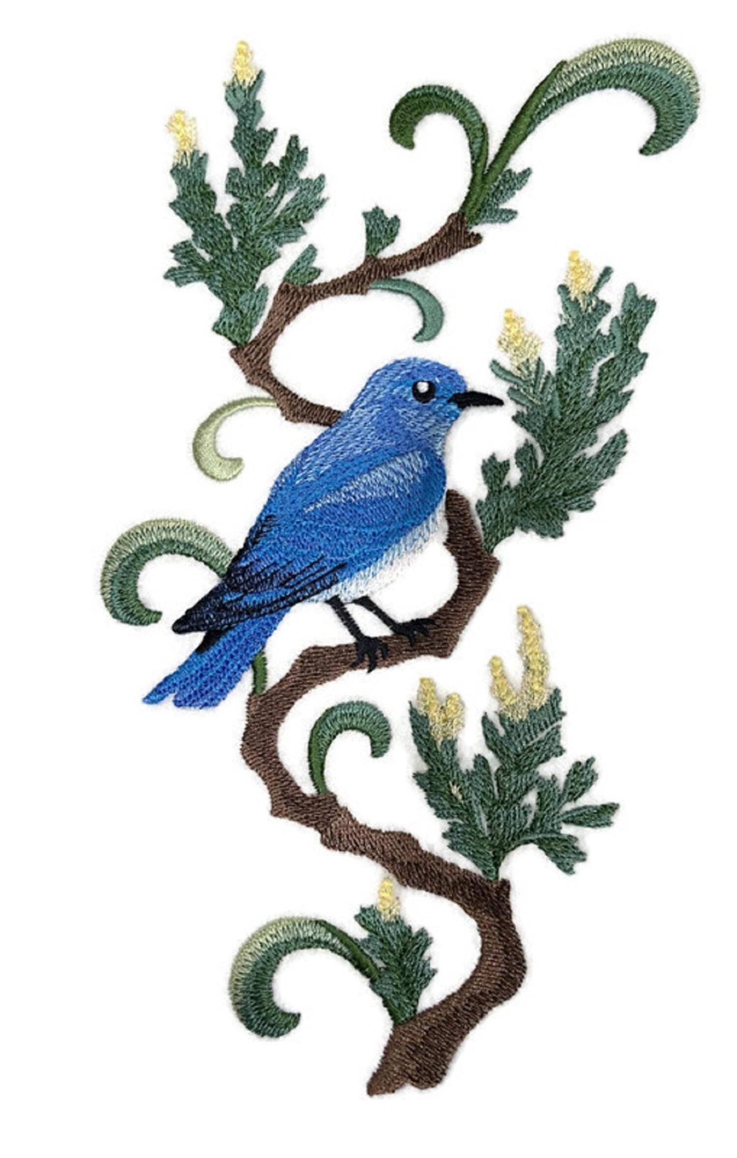 Beyond Vision Custom Bird Nevada Mountain Bluebird and Sagebrush Embroidery Iron On/Sew Patch (5.86" x 9.2")