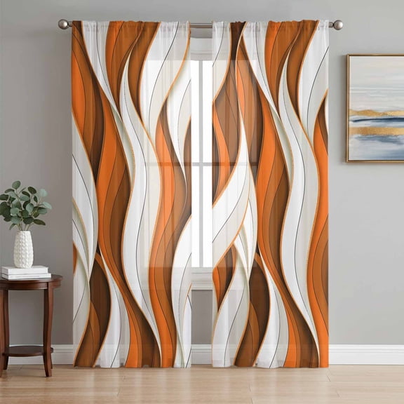 Burnt Orange White Moire Sheer Curtains 108 Inch Length 2 Panels Set Window Treatments, Modern Abstract Art Rod Pocket Semi Curtains for Living Room/Bedroom/Kitchen Décor, 104"W x 108"L