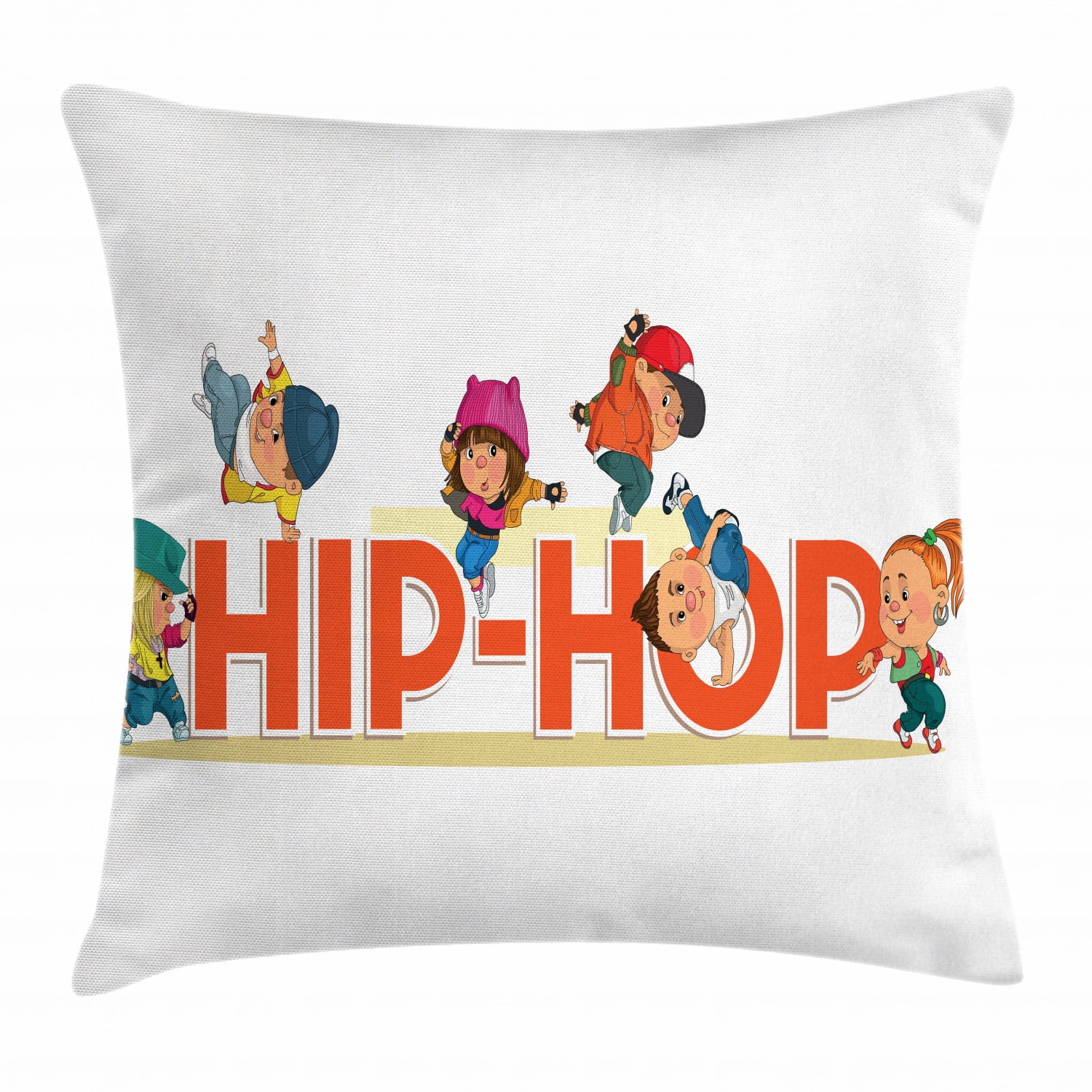 Hip Hop Throw Pillow Cushion Cover, Word Hip Hop with Colorful Dancers