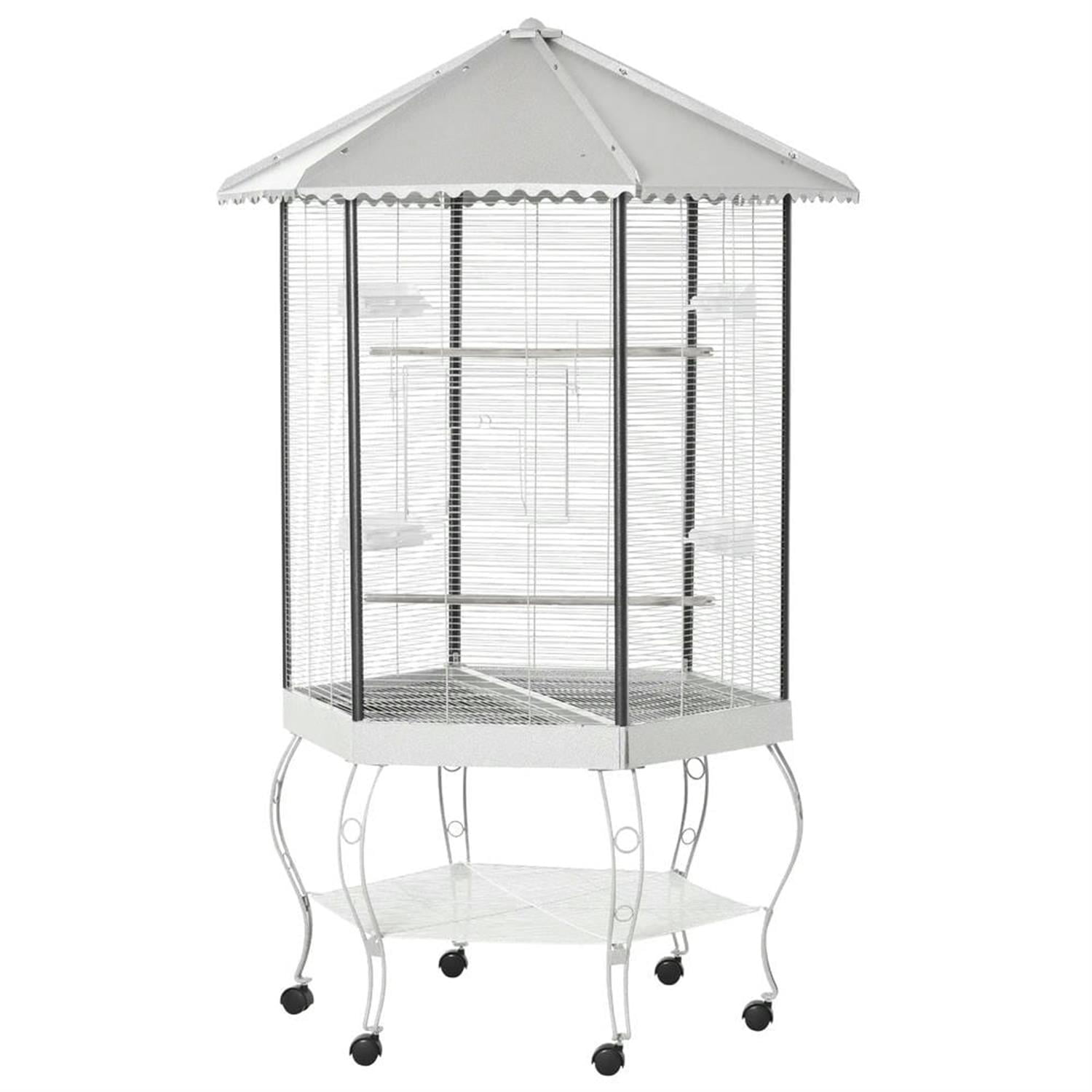 Demi Bonn 77" Height Indoor Flight Bird Cage Aviary with Rolling Stand, Storage for Parrots Conures Lovebird Cockatiel Parakeets, White