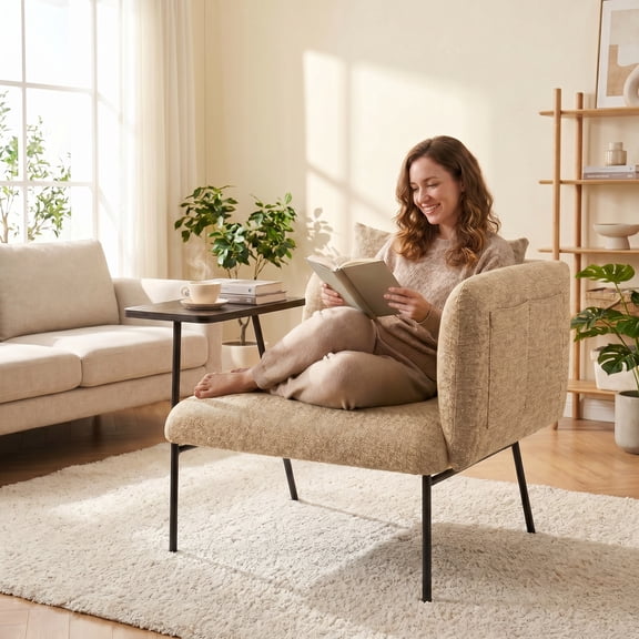 Peispie Modern Accent Lounge Chair with Built-in Side Table & Pillow, Upholstered Reading Chair with Side Pocket & Metal Legs, Comfy Single Sofa for Living Room Bedroom Office, Khaki