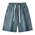 thumbnail image 3 of Jean Shorts Men Street Style Vintage Summer Casual Denim Bermuda Shorts with Pockets Loose Elastic Waist Drawstring Knee Length Mens Denim Shorts, 3 of 5