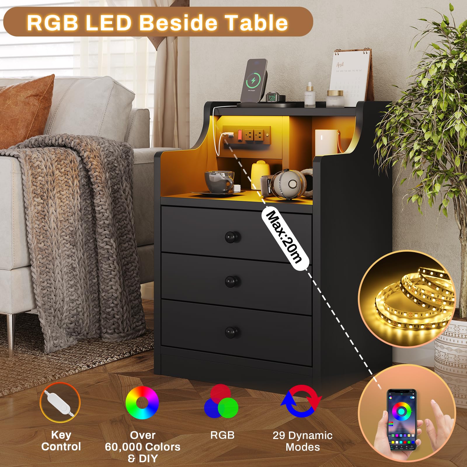 ADORNEVE Tall Nightstand With Charging Station & RGB LED Lights - 49.2" Bedside Table With Bookshelf, Drawers & Glass Door (Grey)
