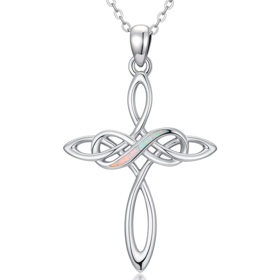 Coachuhhar Infinity Cross Necklace for Women 925 Sterling Silver White Opal Celtic Pendant Irish Christian Jewelry Gift for Mom Wife Birthday