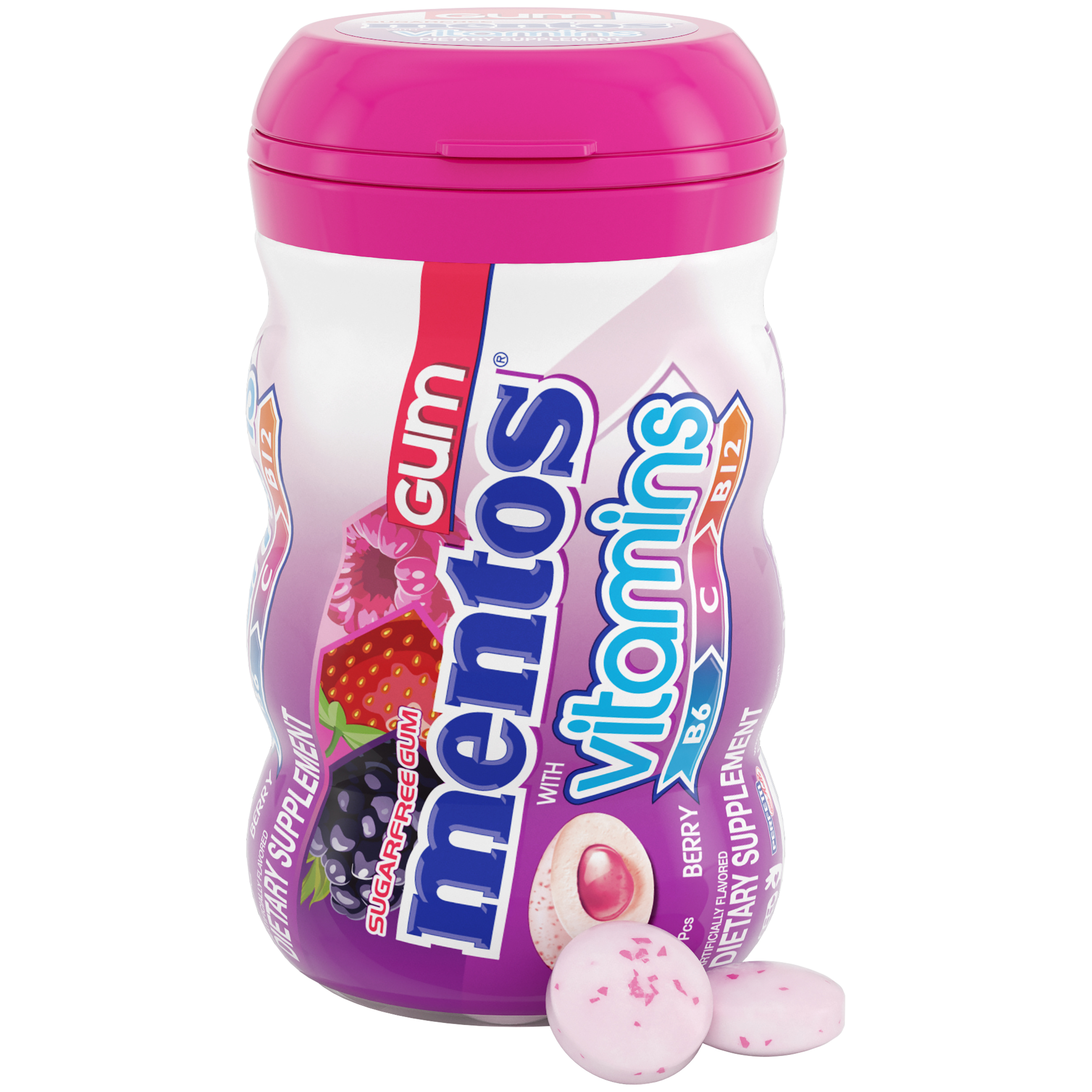 Mentos Sugar Free Chewing Gum with Vitamins B6, C and B12, Berry, 45 Regular Size Piece Bottle - image 2 of 6