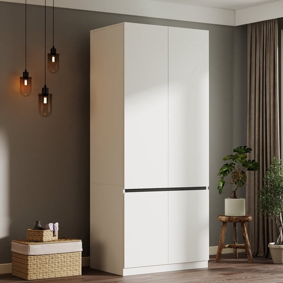 4 Door Armoire Wardrobe Closet with Hanging Rod, Modern Freestanding Wooden Wardrobe Cabinet for Bedroom