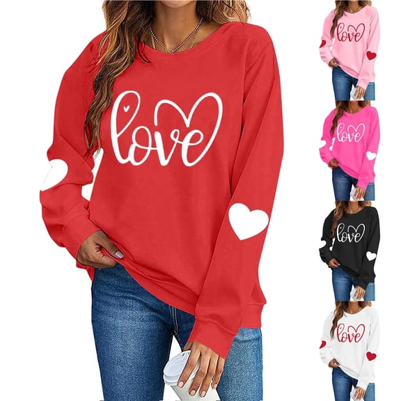 Itsame Long Sleeve Heart T-Shirts Women's Valentine's Sweatshirt Loose Crew Neck Tops White Size XS