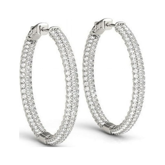 Boucles d'Oreilles Créoles en Or Blanc 14k avec Pavé à Deux Rangées et Diamants (7 cttw)