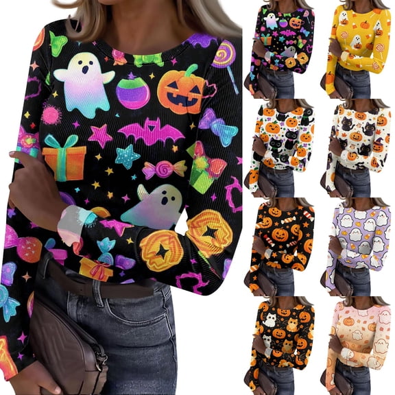 Halloween Long Sleeve Shirts for Women Slim Fitted Ribbed Novelty Pumpkin Ghost Tunic Tops Party Crew Neck Spring Day Fashion Clothing Multicolor XL