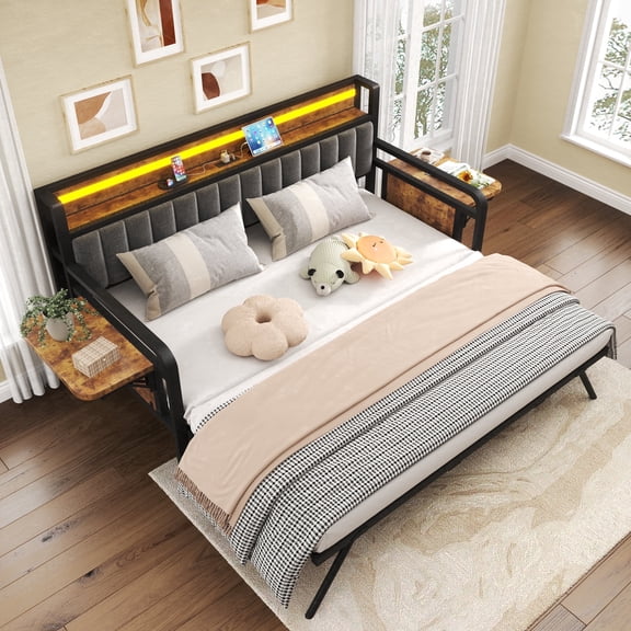 Hijob Twin to King Daybed with Side Table, Heavy Duty Metal Bed Frame with Pop Up Trundle, LED Lights Charging Station Upholstered Storage Headboard, Twin Sofa Bed for Living Room,Black&Brown