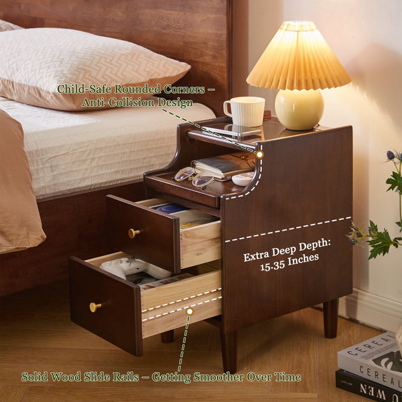 1PCS Solid Wood Nightstand with Drawers and Pull-Out Panel, Bedside Storage Table with Glass Flip Top, Sofa Side Table