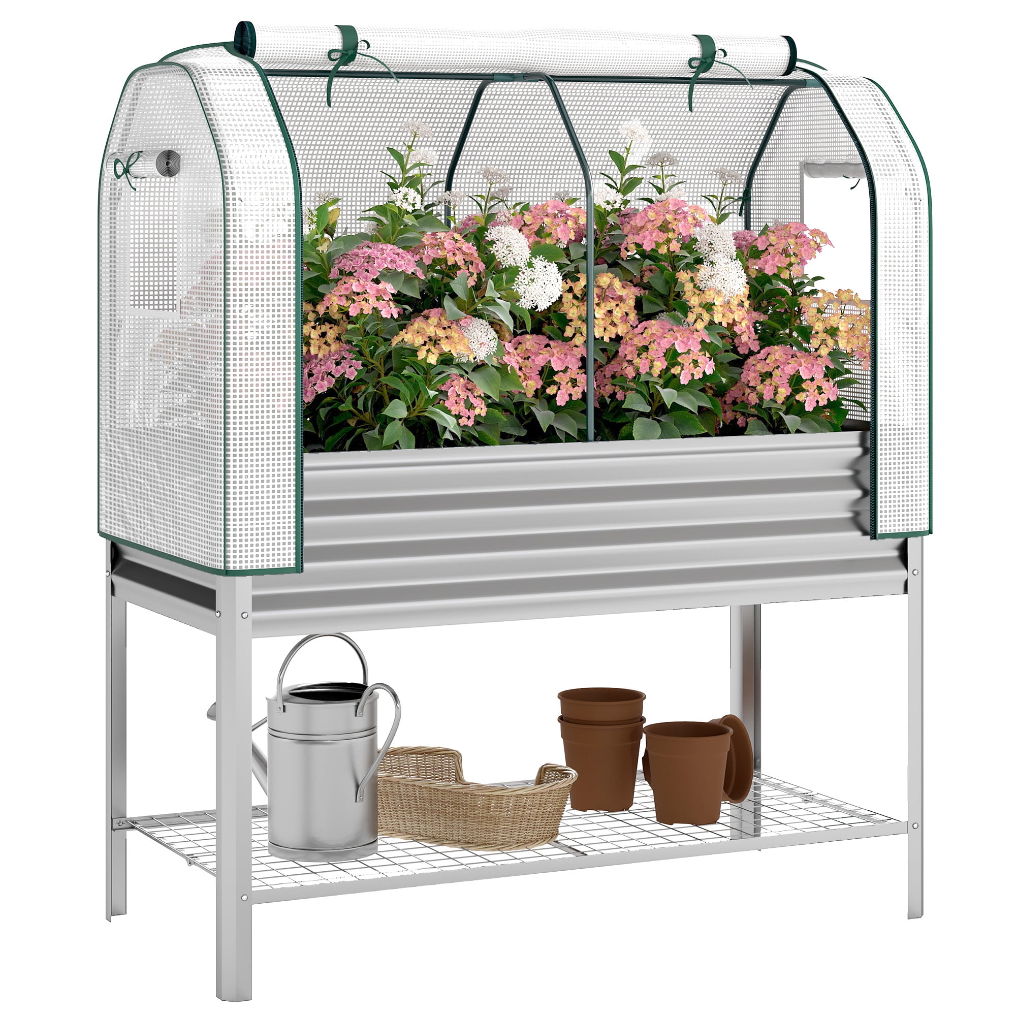 Outsunny Galvanised Raised Garden Bed with Greenhouse Cover, Metal Elevated Garden Bed with Bed Liner and Bottom Shelf, Silver