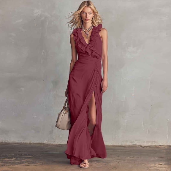QUNYINEY Long Dress for Women Wedding Guest Sleeveless Formal Party Elegant Cocktail Dresses Slim Fit with Slit V Neck Solid Ruffle Dresses