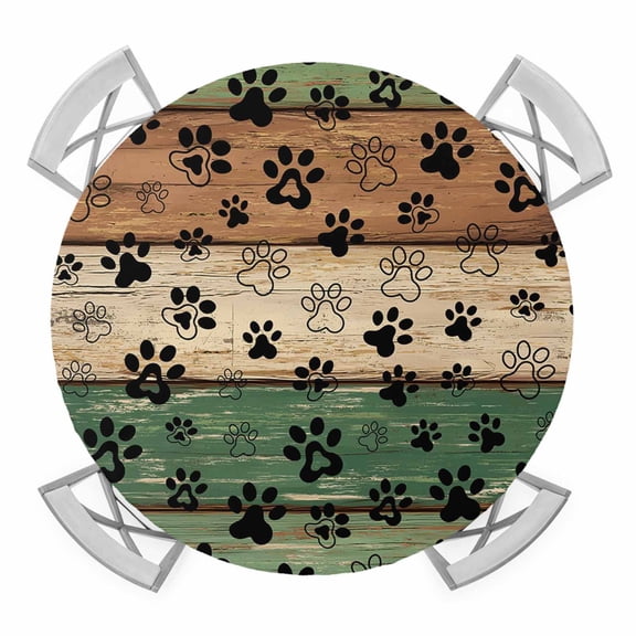 Sage Green Dog Paws Round Fitted Tablecloth with Elastic Edge, Waterproof Table Cloth Table Cover for 55"-60" Tables, Farmhouse Vintage Green Brown Wood Tablecloths for Dining Picnic Indoor Outdoor