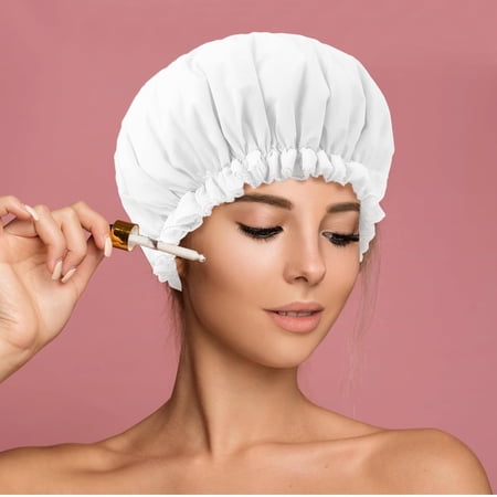 Reusable Shower Cap for Women, Terry Cloth Lined Double Layer Waterproof Elastic Band Hair Cap for Spa Home Salon Use (White)